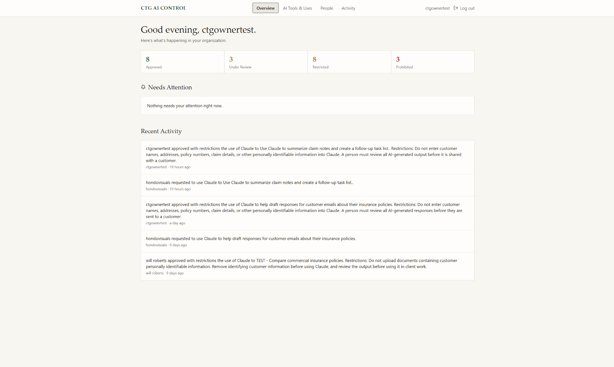CTG AI Control organization overview showing approved, under review, restricted and prohibited AI uses