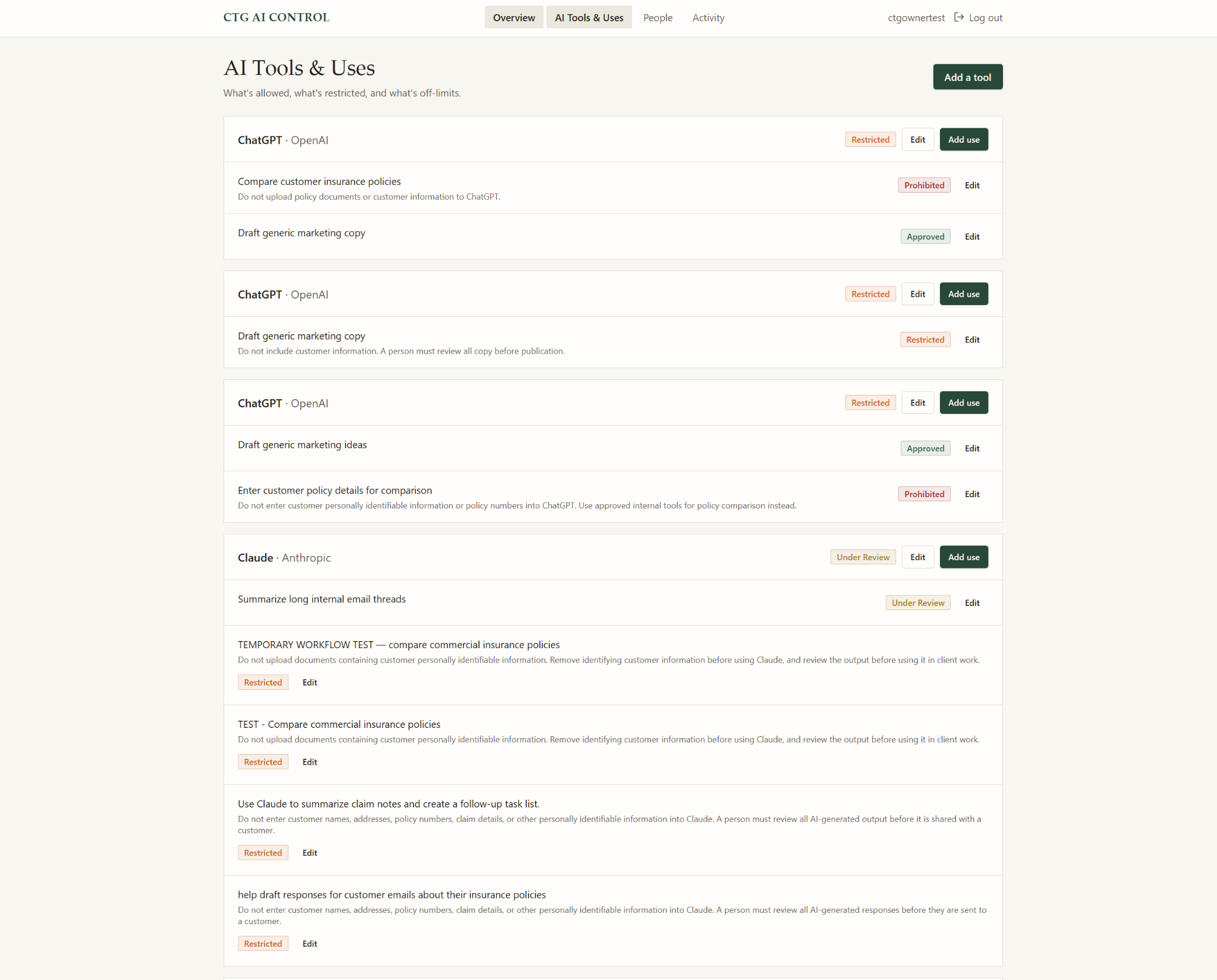 CTG AI Control AI Tools and Uses screen with approved, restricted, prohibited and under review uses